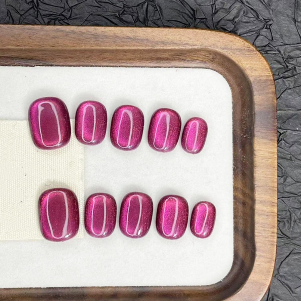 Nail Art Emerald - 10pcs สวมใส่ฤดูร้อนทําด้วยมือกดบนเล็บชุดสีม่วง Cat's Eye สั้นรอบเล็บปลอมเคล็ดลับสีทึบเล็บปลอม