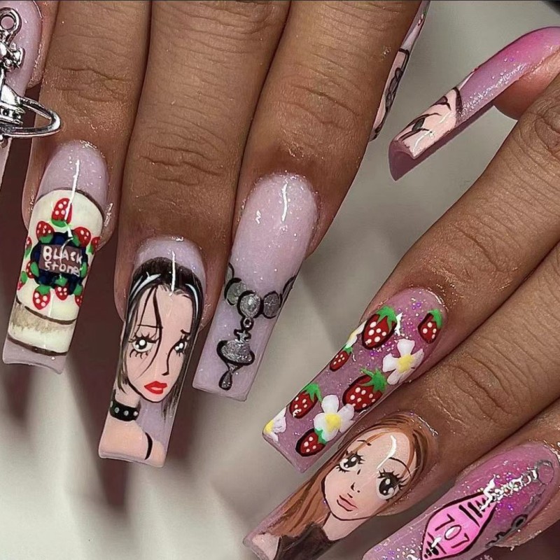 Nail Art Strawberry - เล็บปลอมขนาดกลางสำหรับผู้หญิง ลายการ์ตูนสาวน้อย สตรอว์เบอร์รี ซันเซ็ท สไตล์ Y2K