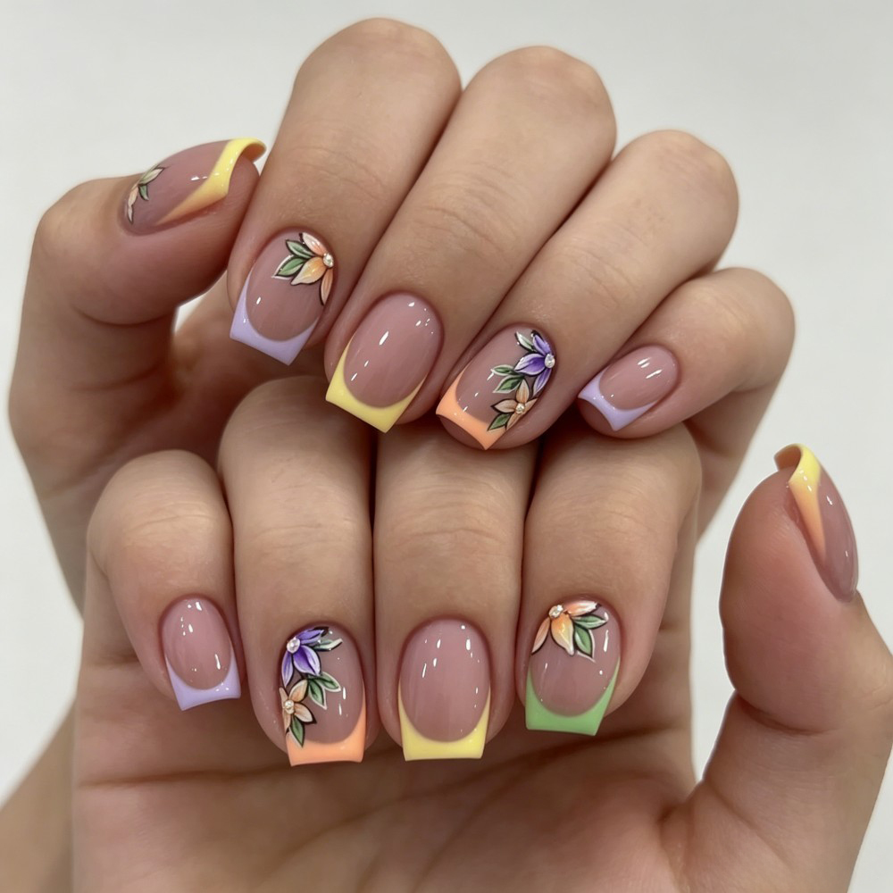 Nail Art Fake Nails - เล็บปลอมแบบเต็มแผ่น 24 ชิ้น สีชมพู ลายดอกไม้ สไตล์ฝรั่งเศส