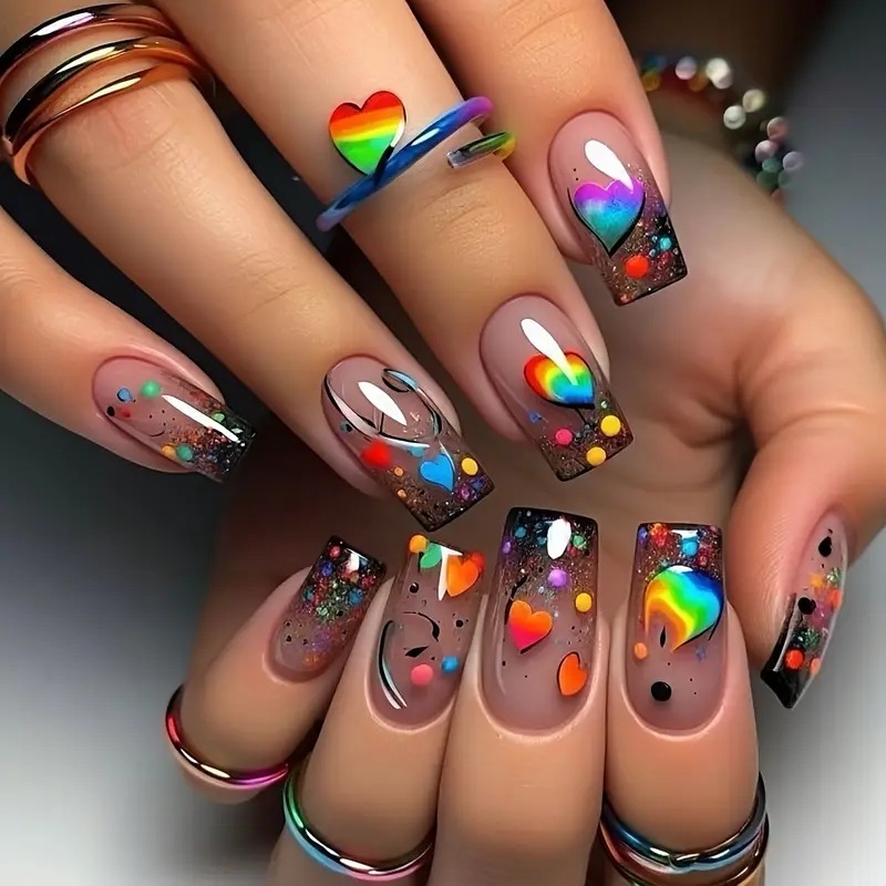 Nail Art Rainbow - เล็บปลอมแบบกดติด 24 ชิ้น สีนู้ด ทรงสี่เหลี่ยมสั้น พร้อมลายไล่สีรุ้ง