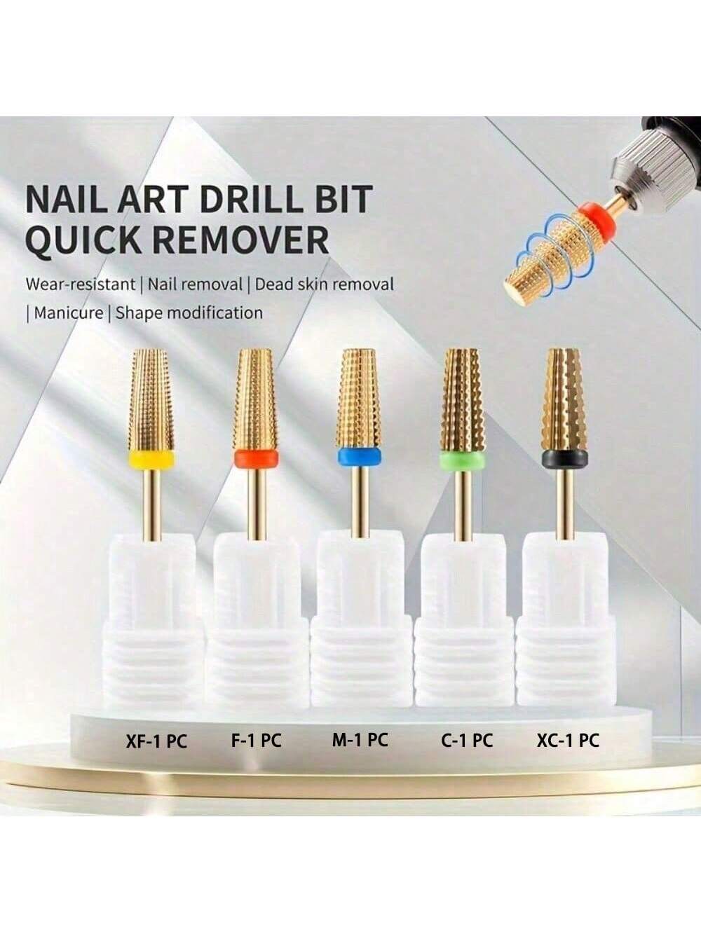 Nail Art Gold - ชุดดอกสว่านเล็บทังสเตนสตีล 1/5 ชิ้น - ชุบทองประดับเพชรเทียม, ก้านอเนกประสงค์ขนาด