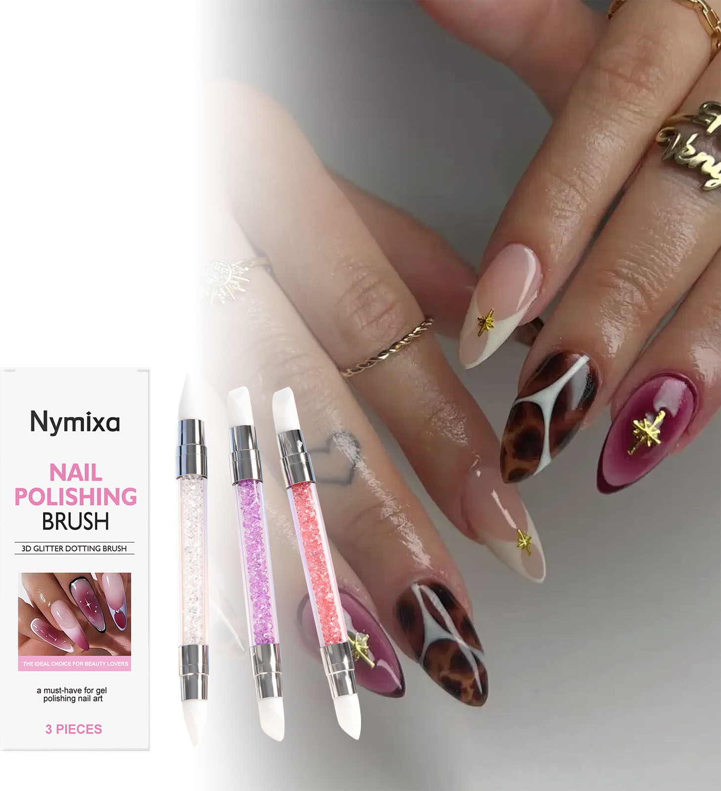 Nail Art Dotting Tool - ปากกาซิลิโคนสำหรับตกแต่งเล็บแบบสองหัว Nymixa 3 ชิ้น สำหรับหยิบจับกลิตเตอร์ วาดลายจุด