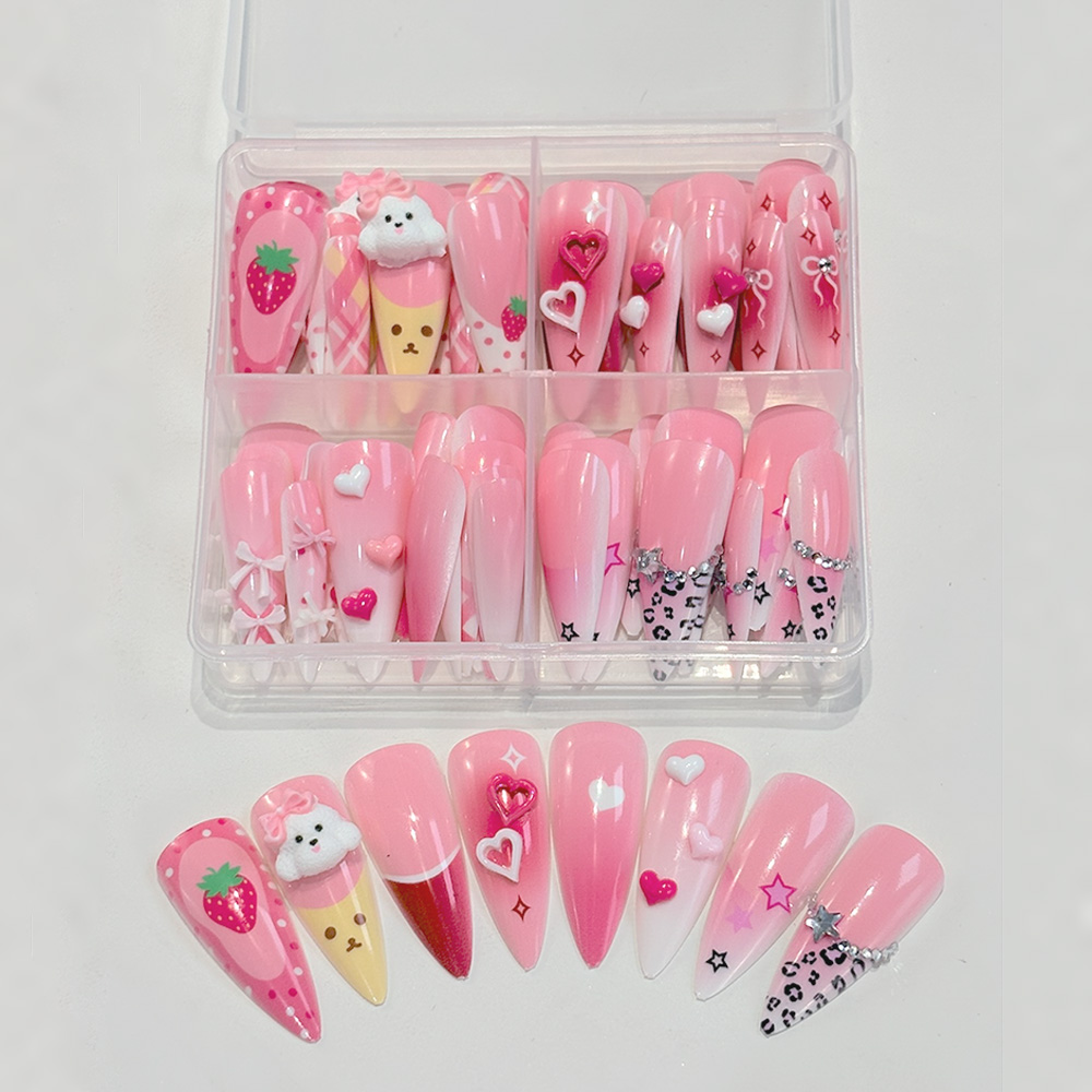 เล็บปลอมสีชมพูทรงสติลเล็ตโต 96 - Nail Art Strawberry บทวิจารณ์และราคา