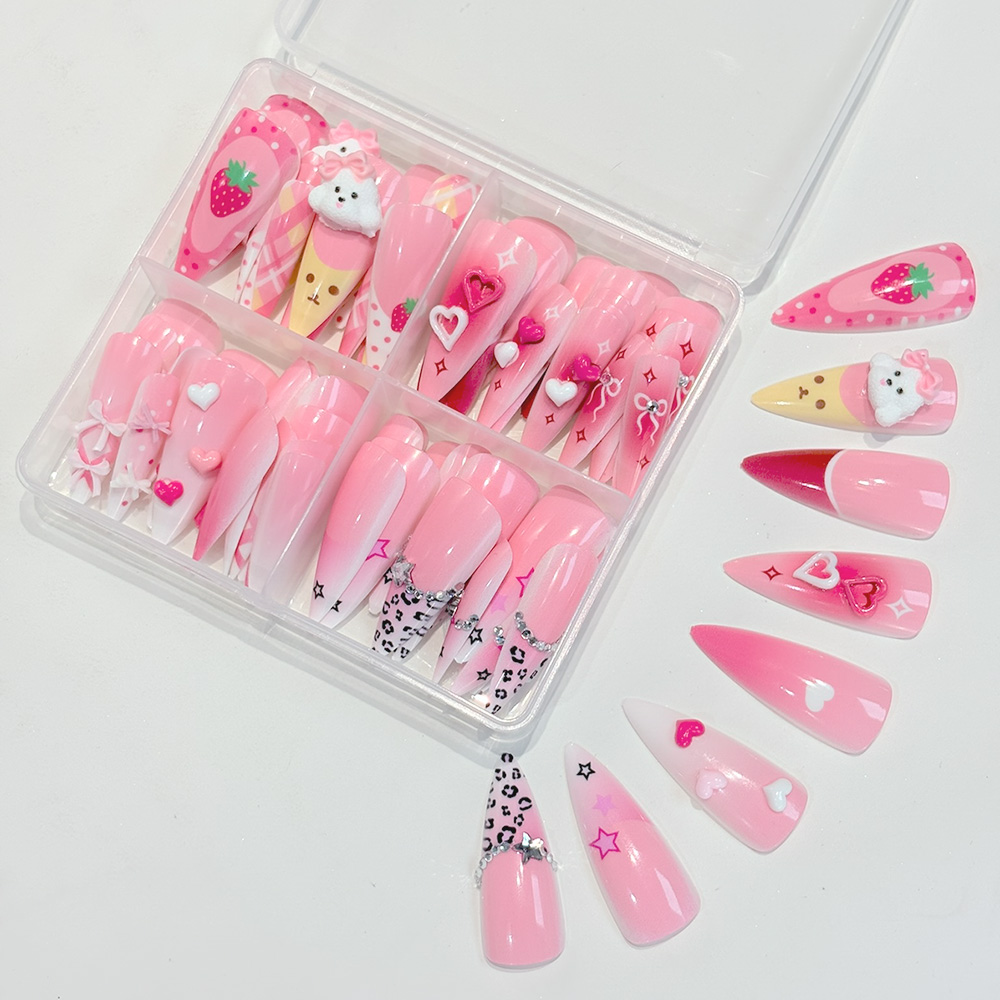 เล็บปลอมสีชมพูทรงสติลเล็ตโต 96 - Nail Art Strawberry บทวิจารณ์และราคา