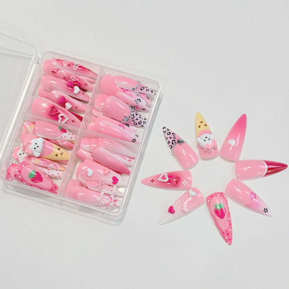 เล็บปลอมสีชมพูทรงสติลเล็ตโต 96 - Nail Art Strawberry บทวิจารณ์และราคา